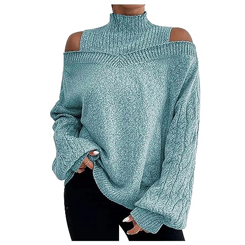 Turtleneck Sweaters for Women Sexy Off Shoulder Lantern Sleeve Cable Knit Sweater Fall Winter Slouchy Chunky Sweaters