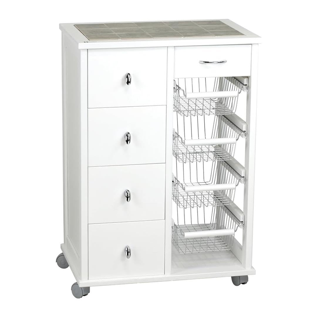 Carrello Cassettiera Multiuso - 5 Cassetti, 4 Cestelli in Metallo, Struttura in Legno Faggio, Piano Mattonelle in Ceramica, Ruote in Plastica Gommata, Made in Italy - 85x59x39 cm (Bianco)