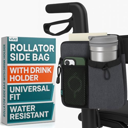 Vive Rollator Bag with Cup Holder - Walker Accessories Pouch Organizer with Phone Pocket for Seniors Elderly Adults - Storage Caddy - Water Resistant Universal Fit Quick Install