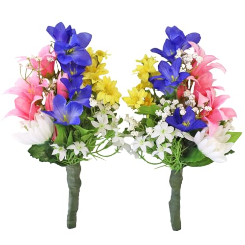 山久 造花 仏花 紫の桔梗と菊の小花束一対 約22cm 仏壇用 小さめ CT触媒(消臭分解・防汚)加工 シルクフラワー お彼岸 お盆 お仏壇 お墓 花 お供え btb