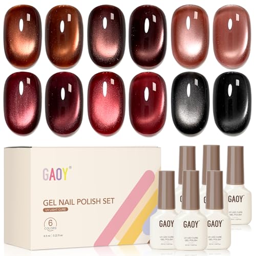 GAOY Red Cat Eye Gel Nail Polish Set with Magnet, 6 Colors Dark Red Burgundy Brown Glitter Gel Holography, Long Lasting for Nail Art at Home & Salon Manicure