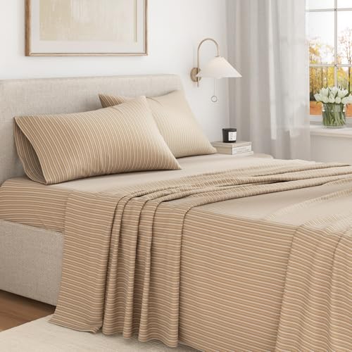 Image of Great Bay Home Flannel Sheets King Size - 100% Turkish Cotton, Double-Brushed, Plaid and Stripe Bed Sheet Set - Ultra-Soft, Cozy, 4-Piece Bedding Set (Tonal Stripe)