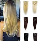 FUT Women 16' 65g 7 Pieces 15 Clips Full Head Hair Extensions Clip in Remy Human Hair Straight Light Brown