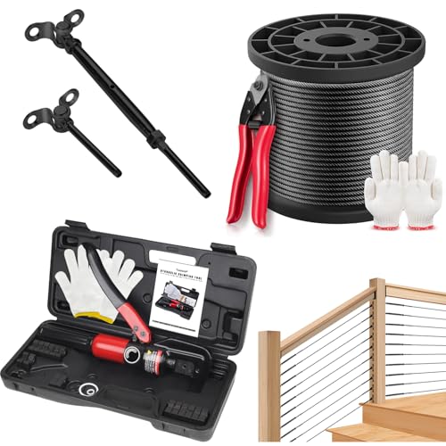 500 Feet 1/8" Black Stainless Steel Cable with Cutter, 9 Pairs Dies Upgraded Hydraulic Crimping Tool for Deck Railing Kit with 20 Pack 1/8" Black Cable Railing Kit