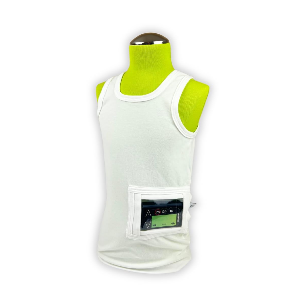 Pumpenshirt weiß – mit integrierter Pumpentasche und Sichtfenster, wählbar rechts/links – für Insulinpumpe – in Größen 104-164 (Tasche rechts, 146-152)