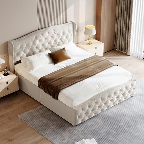Yeutre - Cama de 140 x 200 cm con somier, marco de cama para 2 personas con almacenamiento hidráulico y cabecera, camas dobles acolchadas de terciopelo para adultos (sin colchón) (beige 1, 140 x 200