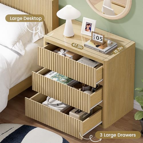 Fluted Nightstand Set of 2, Natural Oak Night Stand with 3 Drawers, Bedside Table with Storage, Mid Century Modern End Table Bedside Table Set, Curved Profile Handleless Design, 25” Wide - Image 4