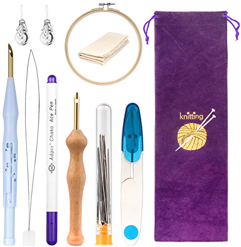 2021new Punch Needle Embroidery Kits, 11pcs Punch Needle kit, Embroidery DIY Starter Kit, Punch Needle, Embroidery Pen, Needle Threader, Embroidery Cloth, Wooden Frame, Storage Bag