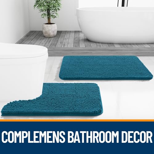 Image of OLANLY Bathroom Rugs Sets 2 Piece, Soft Absorbent Chenille Bath Mats Area Rug Set, Non-Slip, Quick Dry, Machine Washable Bath Mats for Bathroom, Home Decor Accessories (47 inchx20 inch+24 inchx16 inch, Peacock Blue)