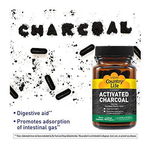 Country Life Activated Charcoal, Digestive Aid, 260Mg, 40 Vegan Capsules, Certified Gluten Free, Certified Vegan, Non-Gmo Verified #TOP3