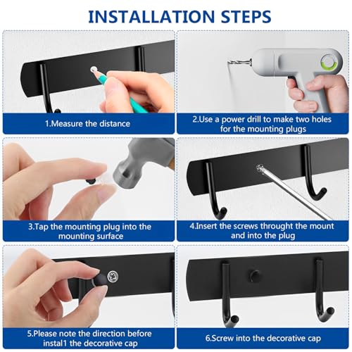 pzihao 2 Stück Hakenleiste Küchenhaken, Kleiderhaken Wandhaken Garderobenhaken Schwarz, Edelstahl Garderobenleiste mit 4 Haken zum Einhängen Mäntel Hüte Jackenaufhänger, Metall Wall Coat Hooks