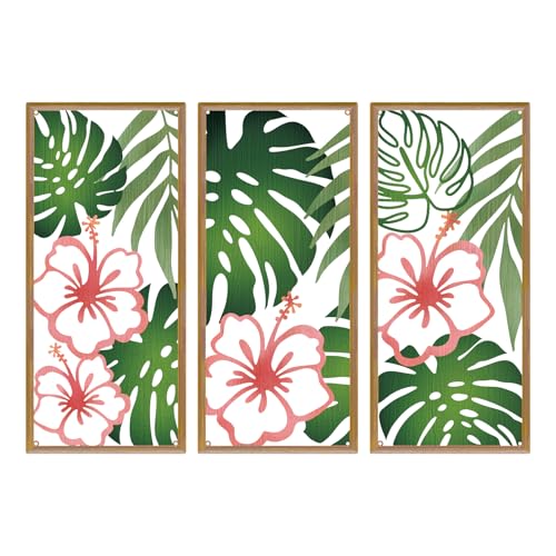 Resama Palm Leaves Metal Wall Decor 3 Pcs Tropical Wall Art Minimalist Hibiscus Flowers Decor Vintage Tropical Plant Wall Sculpture for Living Room Bedroom Bathroom Office (Classic Style,Colorful)