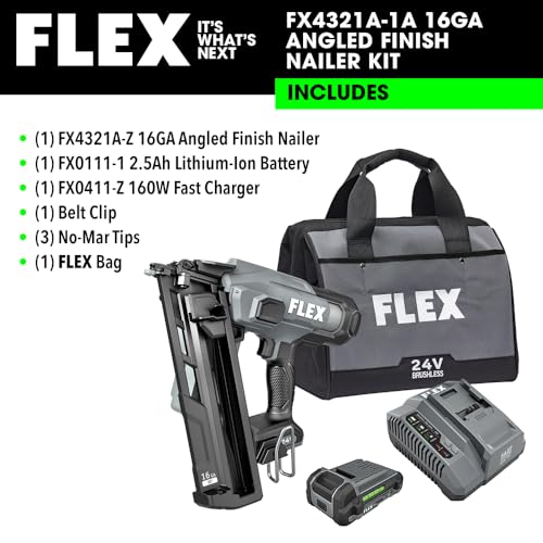Image of FLEX 24V Brushless Cordless 16 Gauge 1-1 /4-inch to 2-1 /2-inch Angled Finish Nailer Kit with 2.5Ah Lithium Battery and 160W Fast Charger - FX4321A-1A