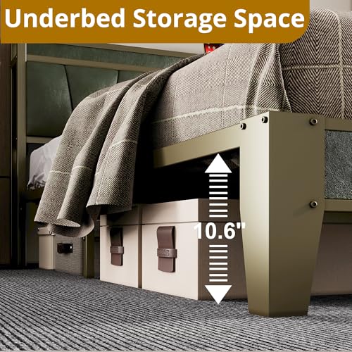LIKIMIO King Bed Frame, Storage Headboard with Charging Station, Solid and Stable, Noise Free, No Box Spring Needed, Easy Assembly (Dark Green)