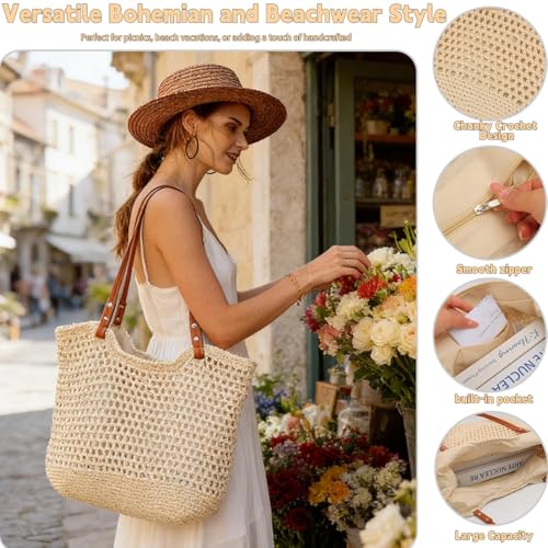 Bolso de playa tejido a ganchillo, bolso tote bohemio con forro impermeable para vacaciones de verano, bolso casual suave con correa para hombro para mujeres miniatura 6