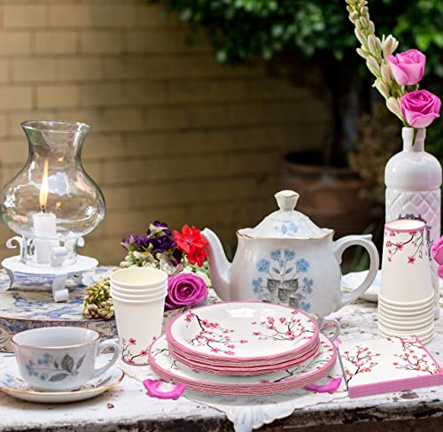 Floral Cherry Blossom Party Supplies Disposable Tableware Set 24 9" Dinner Plates 7" Paper Plate 24 9 Oz Cups 24 Lunch Napkin For Spring Pink Flowers Bridal & Baby Shower Wedding Tea Birthday Parties #TOP3