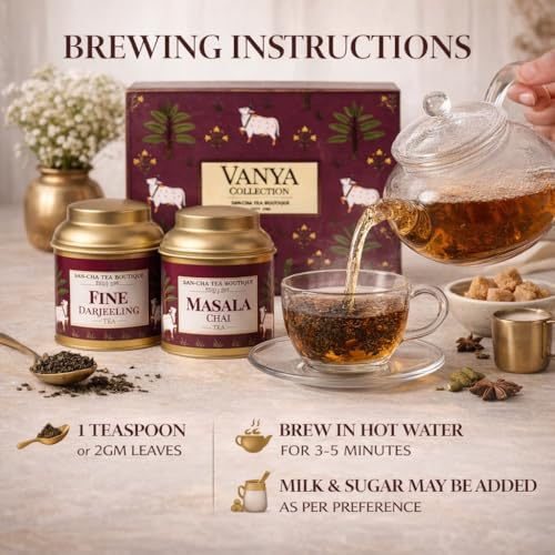 Image of Sancha Tea Boutique, Vanya Collection, Tea Gift Box, Roasted Darjeeling & Masala Chai, 50g x 2 Loose Leaf Teas, Premium Indian Gift Hamper