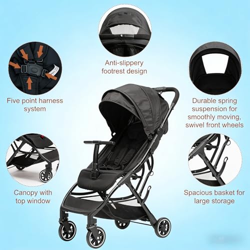 Image of COOL KIDS Portable Stroller with Automatic Fold,Lightweight Umbrella Stroller with Pop Out Sun Canopy,Compact Strollers for Travel(Black) | Need an airplane approved toddler stroller? Slide folded black pram like rolling luggage through airport security.