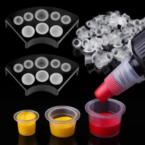 300 Vasos de Tinta para Tatuaje con 2 Soportes, 100 Pequeños, 100 Medianos, 100 Grandes, Caps de Tinta en Plástico para Pigmentos, Accesorios para Tatuaje y Maquillaje Permanente