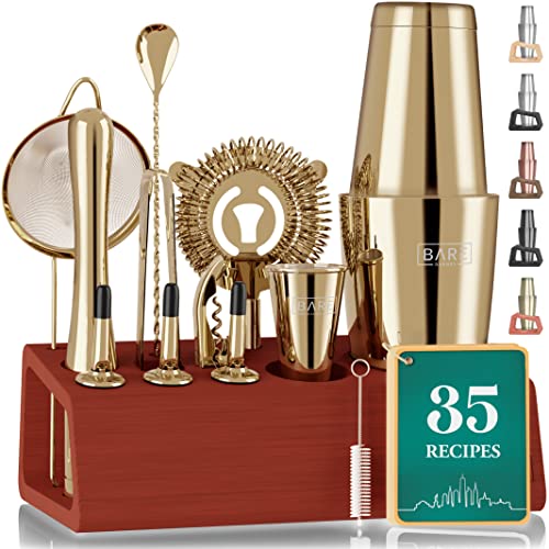 Pro Mixology Bartender Kit Bar Set | 14-Piece Boston Cocktail Shaker Set | Professional Barware Mixing Tools For Home Bartending | Bamboo Stand & Recipe Cards | Gift Set For Him & Her (Gold) #TOP28