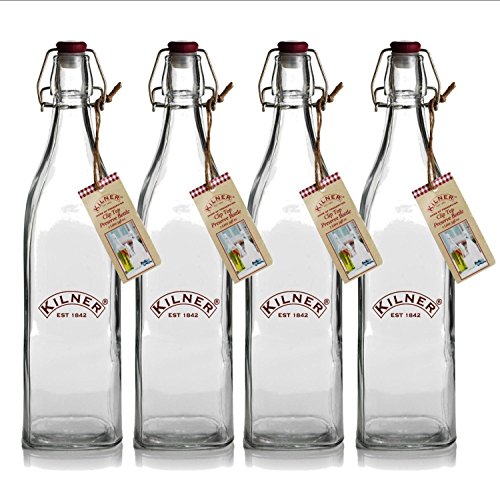 4 x Kilner Bottles - Square Vintage 1 Litre Preserve Glass Bottles with Clip Tops - Ideal for Milk juices cordials Infused Oils Sloe Gin - Gift Idea