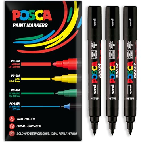 Feutre Posca PC-5BR noir à base d'eau lot de 3 marqueurs pointe pinceau multi-support