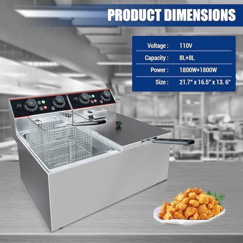 Commercial Deep Fryer, 16.8 QT Electric Deep Fryer with Double Basket and Lid, Stainless Steel Deep Fryer with Independent Temperature Control for Restaurant or Home Use, 1800W+1800W