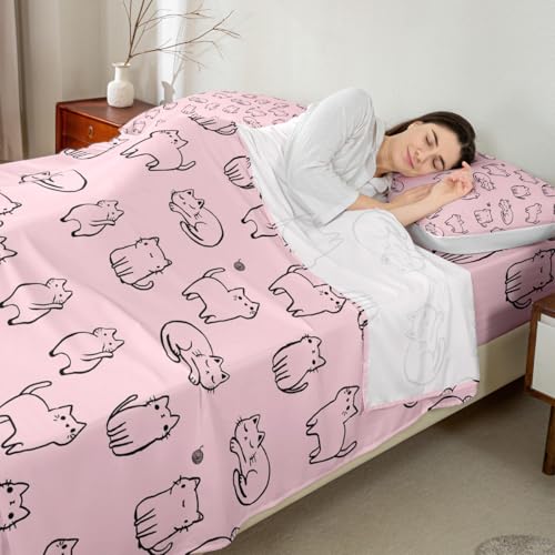 Image of Cute Cat Bed Sheet Set Twin Size,Kawaii Cats Pet Animals Sheet Set Kids Teens,Kitten Silhouette Pink Bedding Decor Set with 1 Flat & 1 Fitted Sheet with 1 Pillow Sham