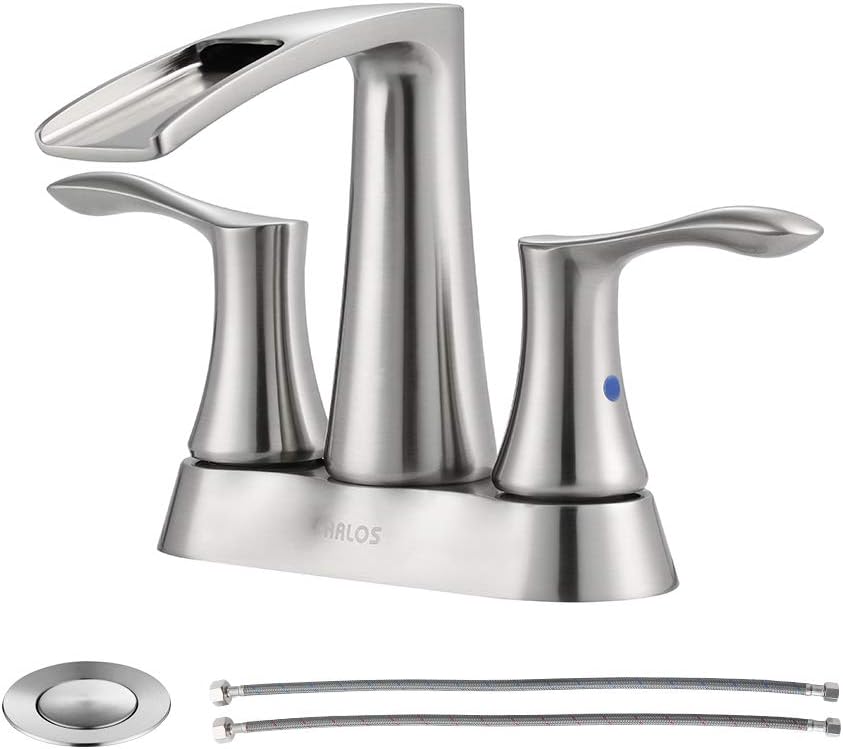PARLOS 2 Handles Waterfall Bathroom Faucet with Metal Pop-up Drain and Faucet Supply Lines, Brushed Nickel, Demeter 1431702