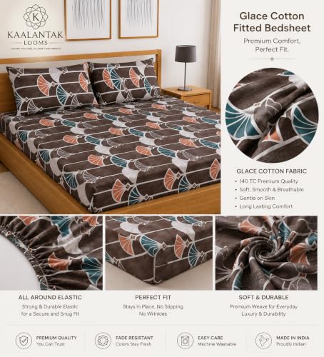 Image of Fitted Bedsheet Brown Multicolor Geometric Fan Print Glace Cotton 210 TC |Queen Size for Double Bed Fits 5 x 6.5 ft Mattress (60 x 78 Inch) | All Around Elastic | 2 Pillow Covers | 10 Inch Deep Pocket