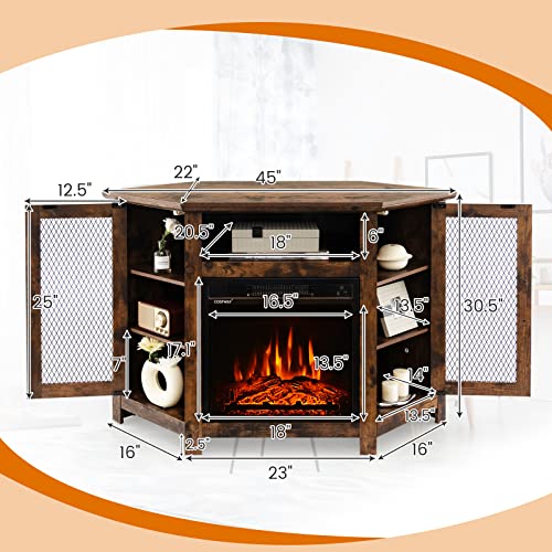 Costway Fireplace Corner Tv Stand For Tvs Up To 50 Inches, Modern Electric Fireplace Entertainment Center With Remote Control, 3 Brightness, Built-In Thermostat And Overheat Protection (Rustic Brown) #TOP5