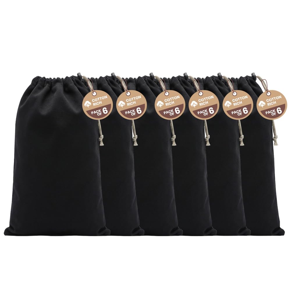 LFH Cotton Rich Shoe Storage Bags with Drawstring, Dustproof Breathable Reusable Organizer, Perfect For Travel, Dorm, Hotel, College, Gym, Machine Washable 8"x17" (Pack of 6) - Black sand