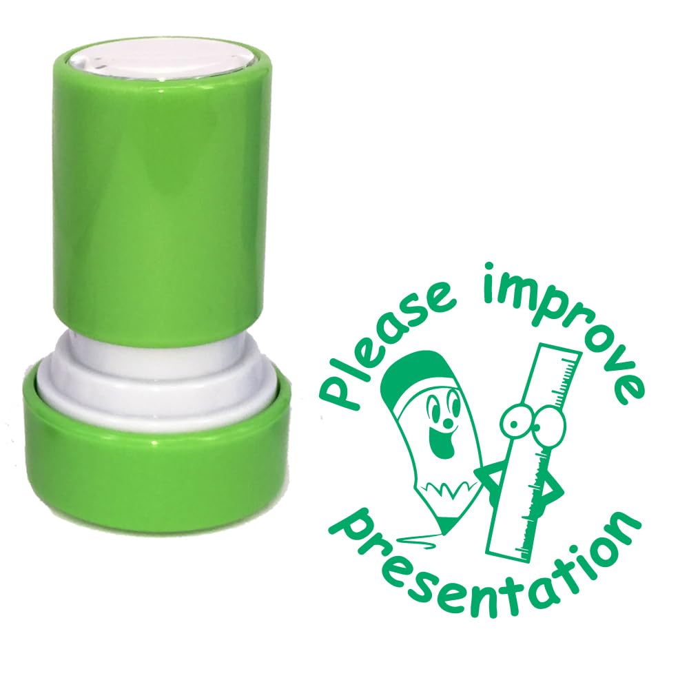 Classroom Capers Green Please Improve Presentation Teacher Stamp. Self-Inking, 22Mm, Reinkable, Quality Stamper For Marking And Praise. Ink