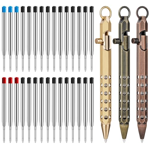 Image of Origin-Joy 3 Pack Bolt Action Pen Set, Six Edge Solid Brass EDC Pocket Tactical Pen With 30 Ballpoint Refills (Natural Brass & Retro Black & Red Bronze)