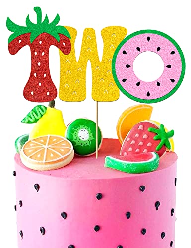 Fruit Two Cake Topper Glitter Gold Fruity Two Cake Decorations for Girls Boys Strawberry Watermelon Pineapple Summer Fruits Happy Birthday Decorations Party Supplies for Baby Shower Kids