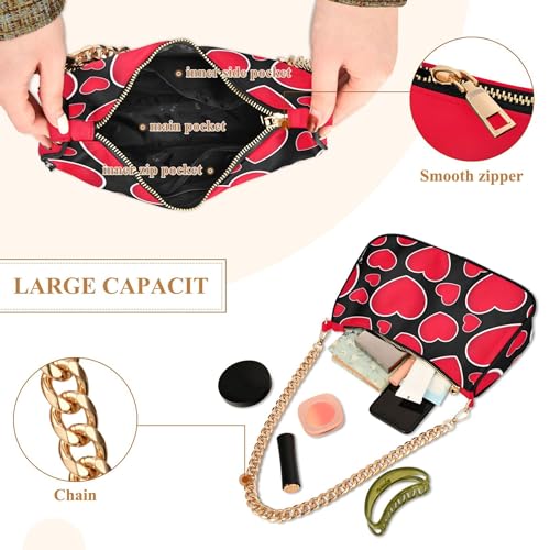 Zipper Hobo Totes Purse Bags Bold Red Hearts White Black Designer Handbag Women Colorful Shoulder Bag with Chain Strap4