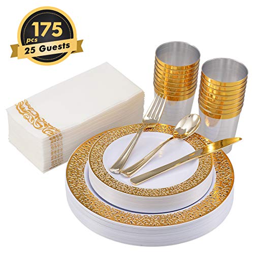 J'share Plastic Dinnerware Set 175PCS For Party Wedding- Disposable Dinnerware Set - Hard