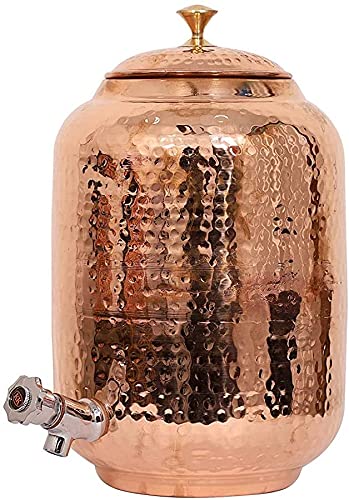 Custeel Creation Traditional Fiber Hammered Copper Water Dispenser Container Pot Matka, Storage Water, Vessel 1 Tank 2 Glass 1 Bottle (15 Ltr Tank 1 Bottle 2 Glass)