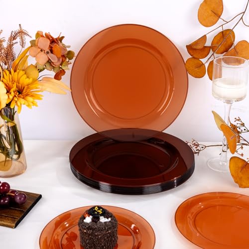 Image of I00000 200 Pcs Clear Brown Plastic Plates - Elegant Disposable Plastic Party Plates Include 100 Dinner Plate 10'' and 100 Dessert Plate 7'' Perfect for Birthday, Party & Wedding