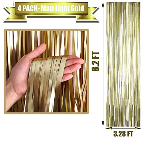 Image of 4 Pack Light Gold Foil Fringe Curtain Backdrop, 3.28Ft x 8.2Ft Metallic Tinsel Foil Fringe Streamer Curtains for Party, Photo Booth Props, Birthday, 2022 Graduation Party Supplies