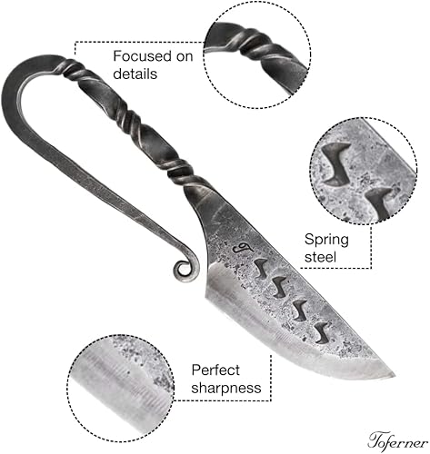 Miniatura 3 de Toferner Cuchillo celta medieval - Negro - Cuchillo forjado a mano - Deportes - Estuche de cuero genuino hecho a mano - Hoja endurecida - Vintage-