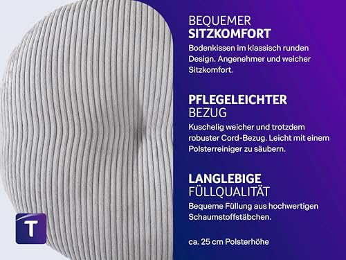 Traumnacht Cozy Bodenkissen aus gemütlichem Cord-Bezug, steingrau, rund mit 105cm Durchmesser und 25cm hoch, 3.260g Füllgewicht, produziert nach deutschem Qualitätsstandard