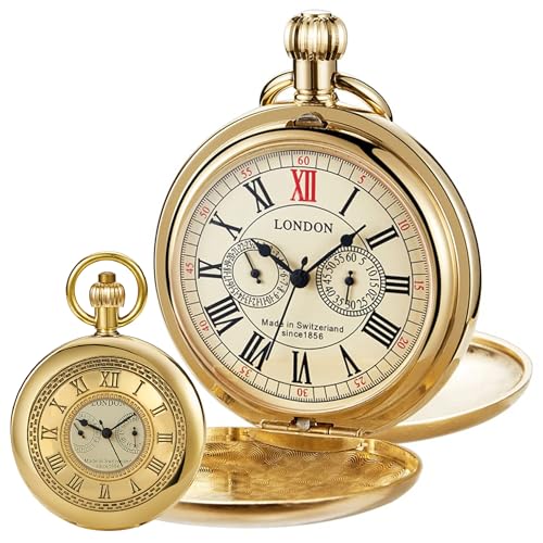 Image of Copper Pocket Watch Steampunk Mechanical London Hand Wind Mens Watches with Chains & Boxs