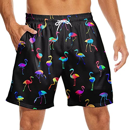 Kybate Men Flamingo Swim Trunks Neon Board Shorts Colorful Flamingo Swimming Trunks With Compression Liner Swimwear #TOP1