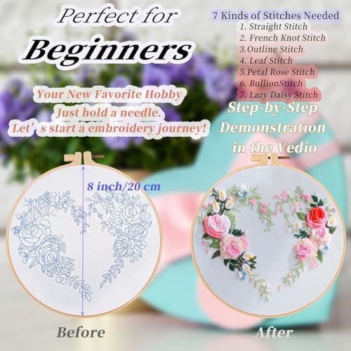 Image of FONNUY Love Heart Crewel Embroidery Kit for Beginners, Pre-Stamped Pattern Kits for Adults with Hoop, Easy to Follow Color Thread Needlework, 8'' Hoop (Floral Heart)