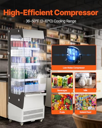 Image of VEVOR Open Air Merchandiser, 3-Tier Shelving Commercial Refrigerator, Grab and Go Display Cooler Refrigerator with Air Curtain, 4 Swivel Wheels, LED Light, for Restaurants, Stores, Office, 7.8cu.ft.