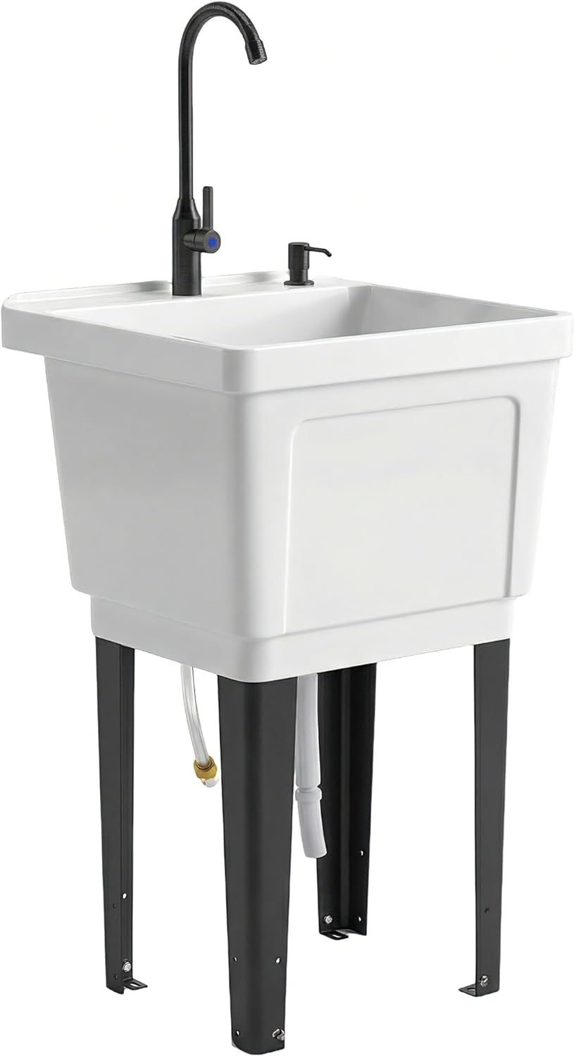 Outsunny 23-Gallon Utility Sink Laundry Tub for Washing Room, Freestanding Laundry Sink with Soap Dispenser, Faucet, Inlet and Drain Hoses, Portable Utility Tub for Indoor & Outdoor