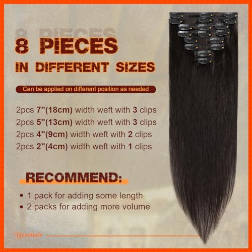 Image of Benehair Clip in Hair Extensions Real Human Hair, Blonde Hair Extensions Clip in Human Hair for Women, Long Straight, Remy Natural, Full Head 8pcs 8inch #1B Natural Black