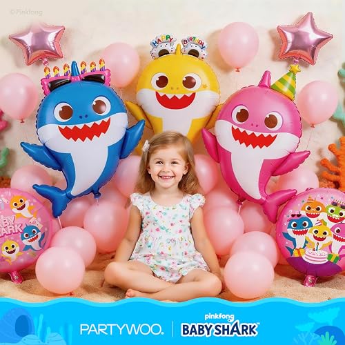Image of PartyWoo Baby Shark Family Foil Balloons 5pcs Baby Shark Family Pink Round Mylar Helium Balloons for Boys and Girls Birthday Decorations Under the Sea Ocean Theme Kids Birthday Party Decorations