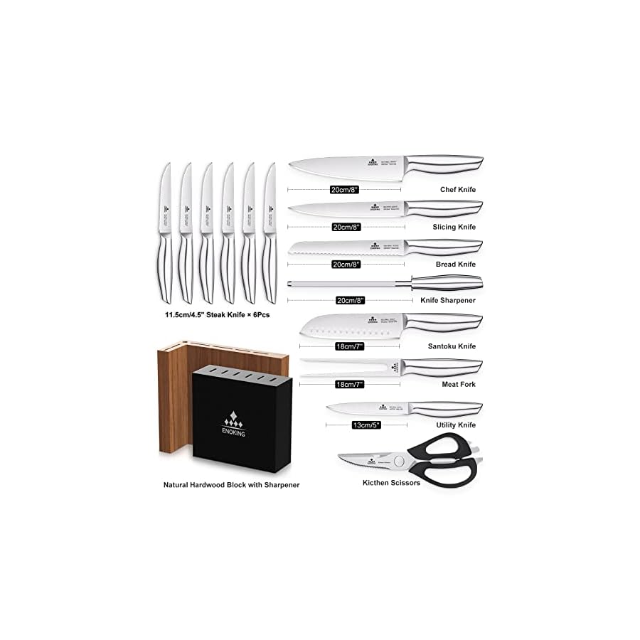 Knife-Set-ENOKING-15-Pieces-Chef-Knife-Set-Knives-Set-for-Kitchen-with-Block-German-Stainless-Steel-Knife-Block-Set-with-Scissor-and-Sharpener-Rod-Dishwasher-Safe-Ultra-Sharp-Full-tang-Design Knife Set, ENOKING Ultra Sharp Knife Block Sets with Independent Sharpener, German Stainless Steel Knives Set for Meat, Vegetables, Fruits Chopping, Slicing, Dicing & Cutting (15 Pieces)